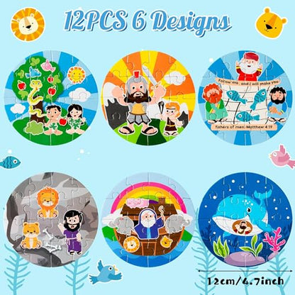 Haooryx Bible Story Jigsaw Puzzles - 12 Pcs Noah's Ark & Jonah and The Whale Cute Religious Cartoon Bible Story Challenging Jigsaw Puzzle for Kids Learning Educational Toys Family Activity Game Nights - style: Bible Story