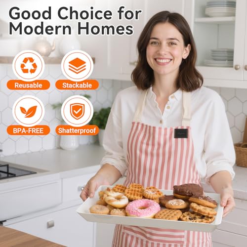 6-Pack Serving Tray for Parties, Serving Platter in 3 Sizes for Entertaining, Food Display, Plastic Trays for Cookies, Stackable Rectangular Platters for Family(White)