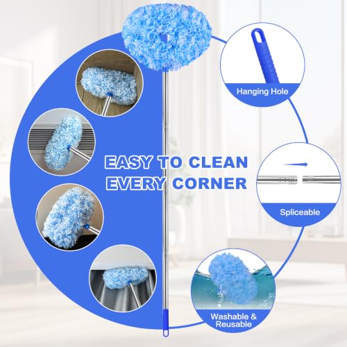 Ceiling Fan Cleaner Duster Reusable Microfiber Ceiling Fan Blade Cleaner Removable Duster with Extension Pole Adjusts 13 to 49.7 Inch for Cleaning Walls Furniture Door Window Top (Blue White) - color: Blue White