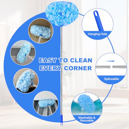 Ceiling Fan Cleaner Duster Reusable Microfiber Ceiling Fan Blade Cleaner Removable Duster with Extension Pole Adjusts 13 to 49.7 Inch for Cleaning Walls Furniture Door Window Top (Blue White) - color: Blue White