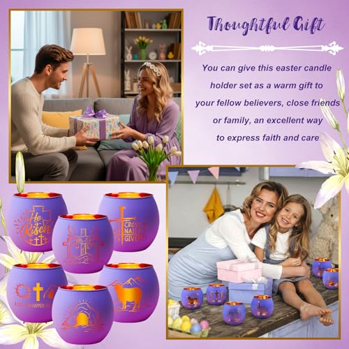 FoldTier 6 Pcs Easter Candle Holders He is Risen Tealight Votive Candle Holder for Table Centerpiece Christian Religious Glass Tealight Votive Easter Tabletop Decor for Home Altar Decoration - style: Easter
