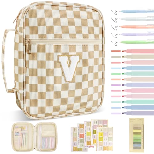 Personalized Initial Bible Cover Case for Women Girls Kid - Large Quilted Bible Case with Handle,Chenille Letter Bag Study Supplies,Christmas Gifts for Christians Birthday Graduation(Khaki-V) - color: Khaki, size: letter-V