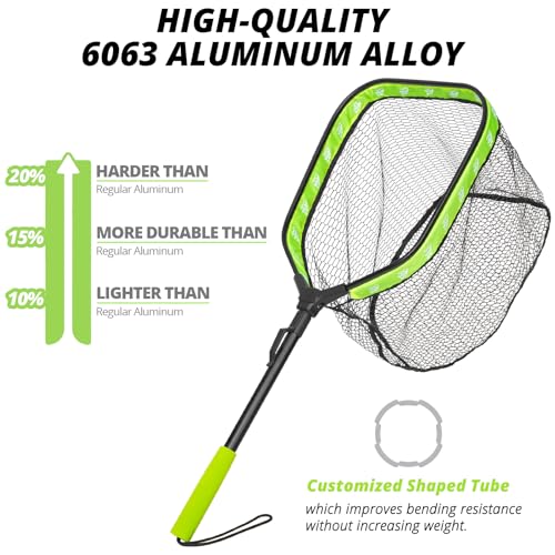 Floating Fishing Net for Fly Fishing, Foldable Landing Net | 31.2" Length, 15"x11.8" Hoop, Fish Net with Rubber Coated Polyethylene Mesh for Bass, Trout, Kayak & Boat Fishing - color: Green
