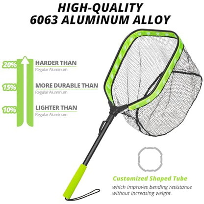 Floating Fishing Net for Fly Fishing, Foldable Landing Net | 31.2" Length, 15"x11.8" Hoop, Fish Net with Rubber Coated Polyethylene Mesh for Bass, Trout, Kayak & Boat Fishing - color: Green