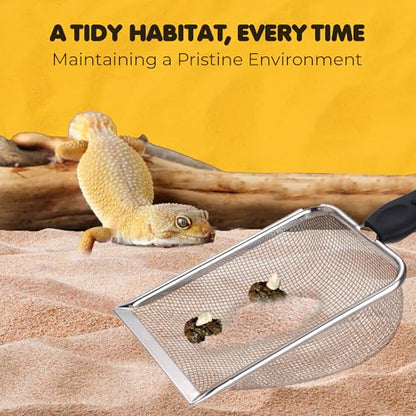 SunGrow Reptile Sand Scoop, Stainless Steel Sifter for Lizard, Gecko & Snake Habitat, Substrate Scoop, Non-Slip Handle, Fine Mesh Scooper for Clumping Sand – Not Suitable for Pellet or Crystal Litter