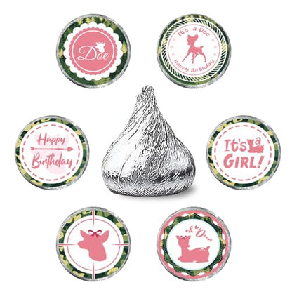 Pink Hunting It's A Girl Kiss Sticker Labels - Deer Theme Gender Reveal Round Candy Sticker Favors - Deer Hunting Girl Baby Shower or Birthday Party Party Labels Fit Chocolate Candy (Set of 150) - color: Deer It's a Girl