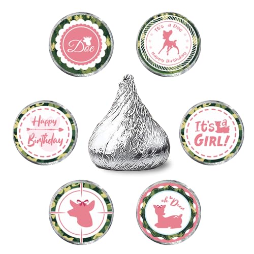 Pink Hunting It's A Girl Kiss Sticker Labels - Deer Theme Gender Reveal Round Candy Sticker Favors - Deer Hunting Girl Baby Shower or Birthday Party Party Labels Fit Chocolate Candy (Set of 150) - color: Deer It's a Girl