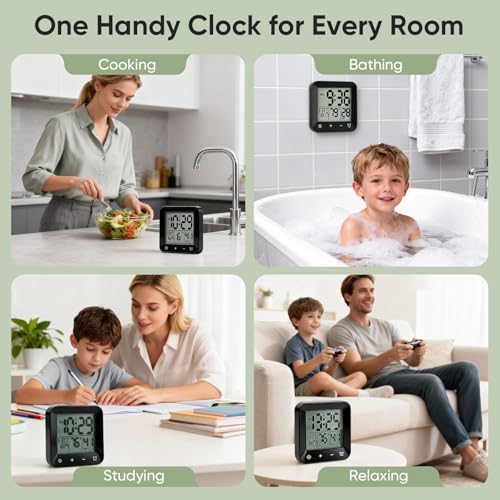 Digital Waterproof Shower Clock, Bathroom Kitchen Clock with Countdown Timer, Wall Clock with Large LCD Display, Temperature, Touch Button, Suction, Hanging Hole, Battery Operated I Black - color: Black