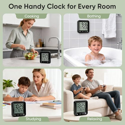 Digital Waterproof Shower Clock, Bathroom Kitchen Clock with Countdown Timer, Wall Clock with Large LCD Display, Temperature, Touch Button, Suction, Hanging Hole, Battery Operated I Black - color: Black