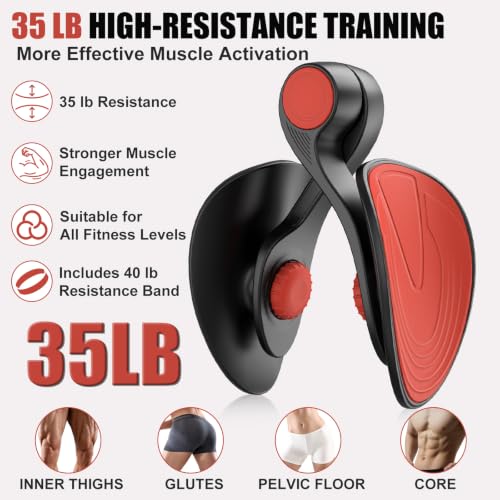 Pelvic Floor Exercise Device with 35 lb Resistance, Kegel and Inner Thigh Muscle Trainer, Home Workout Equipment for Postpartum Recovery, Women & Men, with Band - color: Red Black