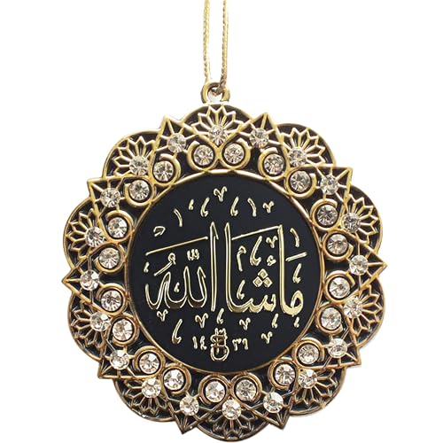 Turkish Islamic Ottoman Double-Sided Mashallah Kalima Tawhid Star Shaped Car Rear View Mirror Hanger Medallion Pendant Accessory (Gold/White)