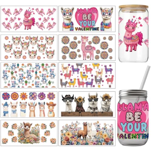 arricraft 10 Pcs Colorful Alpaca Theme Cup Printing UV Transfer Papers, 10 Styles Heart Fresh Flowers Sunglasses UV DTF Cup Wrap Stickers for 16 OZ Glass Cups Crafts 9.5x4.3inch - style: Colorful Alpaca Theme