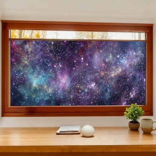 Window Privacy Film 39.37 x 17.3 in Purple Blue Galaxy Stars Cling | Galaxy and star artwork brings a dreamy cosmic look while adding privacy to bedroom, game room, office and glass doors. - color: Colorful Window#06