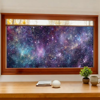 Window Privacy Film 39.37 x 17.3 in Purple Blue Galaxy Stars Cling | Galaxy and star artwork brings a dreamy cosmic look while adding privacy to bedroom, game room, office and glass doors. - color: Colorful Window#06