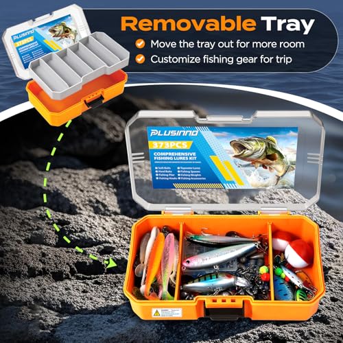 PLUSINNO Bass Fishing Lures Tackle Box Gear Kit with Tackle Included | Waterproof, Compact & Customizable, Bass Trout Fishing Gear Kit, Freshwater Topwater, 16 Rigs, Fishing Gifts for Men Starter - color: Orange 373 PCS Lures Box
