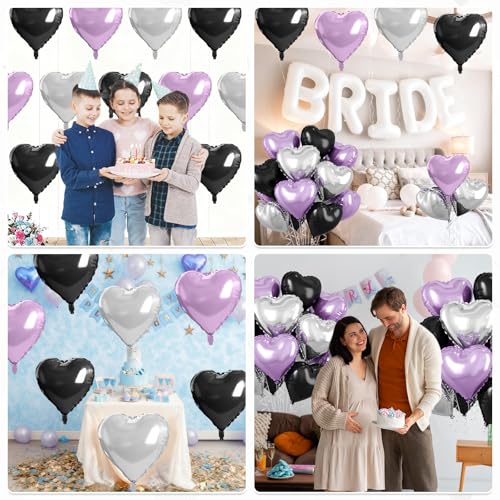 Purple Black Heart Balloons, 10PCS Silver Foil for Goth Princess Birthday - color: Black Purple