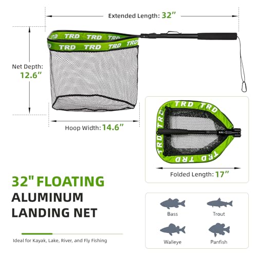 AluFloat X1 Fishing Net with Handle (Fish Net) - Floating Foldable Rubber-Coated Deep Mesh Landing Net for Bass & Fly Fishing - Fishing Gear, Kayak Accessories, Fishing Accessories - color: green