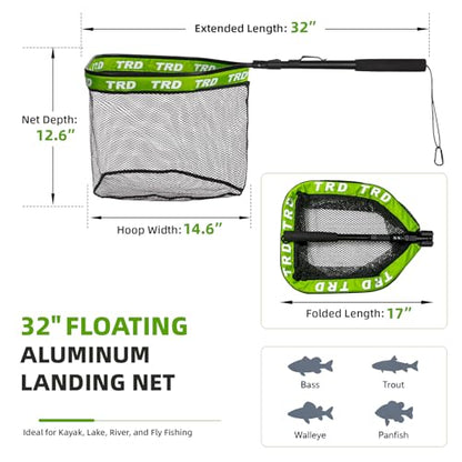 AluFloat X1 Fishing Net with Handle (Fish Net) - Floating Foldable Rubber-Coated Deep Mesh Landing Net for Bass & Fly Fishing - Fishing Gear, Kayak Accessories, Fishing Accessories - color: green