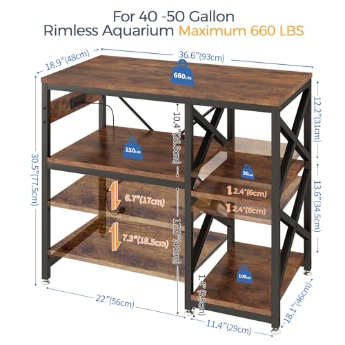 METYERRY 40-50 Gallon Fish Tank Stand with Power Outlet,Adjustable Shelf | 3 Tier Storage,660 LBS Heavy Duty Steel Frame, Fits Fish Reptile and Turtle Tanks, Stable Home Aquarium Setup - color: Rustic Brown, size: 40-50 Gallon