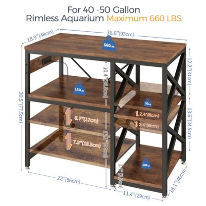 METYERRY 40-50 Gallon Fish Tank Stand with Power Outlet,Adjustable Shelf | 3 Tier Storage,660 LBS Heavy Duty Steel Frame, Fits Fish Reptile and Turtle Tanks, Stable Home Aquarium Setup - color: Rustic Brown, size: 40-50 Gallon