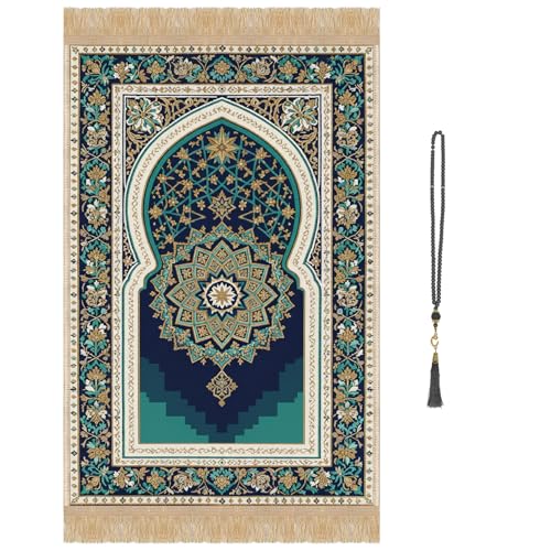 Prayer Mat Beads Ramadan Gifts - Thick Muslim Prayer Rug Islamic Black Tasbih Prayer Beads, Islamic Praying Mat Carpet for Namaz Salah Meditation Eid Decorations for Home - color: Blue