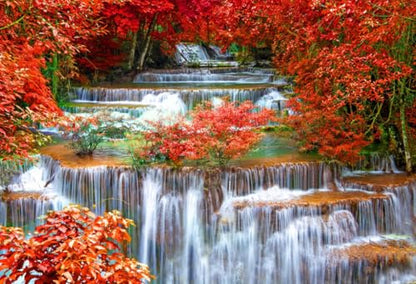 AOFOTO 10x7ft Falls Backdrop Cascades Photography Background Waterfall Nature Landscape Travel Adult Man Artistic Portrait Autumn Red Leaves Scenic Photo Shoot Studio Props Video Drop Wallpaper Drape - size: 10x7ft