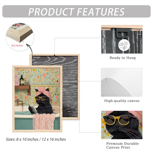 ICHZUMW Framed Funny Black Cat in Bathtub Canvas Bathroom Wall Art 12x16 In - color: Spa Kitty, size: 16"L x 12"W