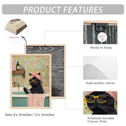 ICHZUMW Framed Funny Black Cat in Bathtub Canvas Bathroom Wall Art 12x16 In - color: Spa Kitty, size: 16"L x 12"W