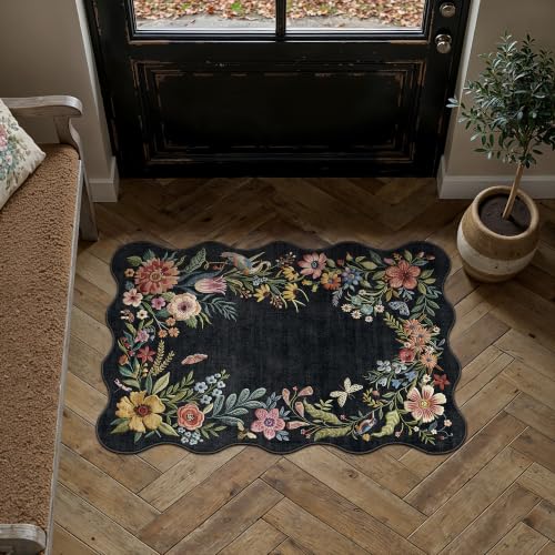 2x3 Floral Black Scalloped Area Rug - color: Black, size: 2' x 3' (Scalloped)