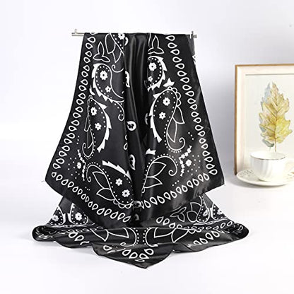 AWAYTR 35” Large Satin Square Head Scarf - 2Pcs Silk Like Floral Head Scarves Square Satin Hair Scarf Bandanas for Women - color: Cashews (Black+white)