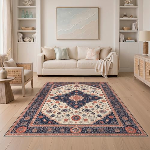 5'x7' Beige Navy Blue Warm Boho Medallion Washable Area Rug - color: Beige/Pattern 7, size: 5' x 7' (Rectangular)