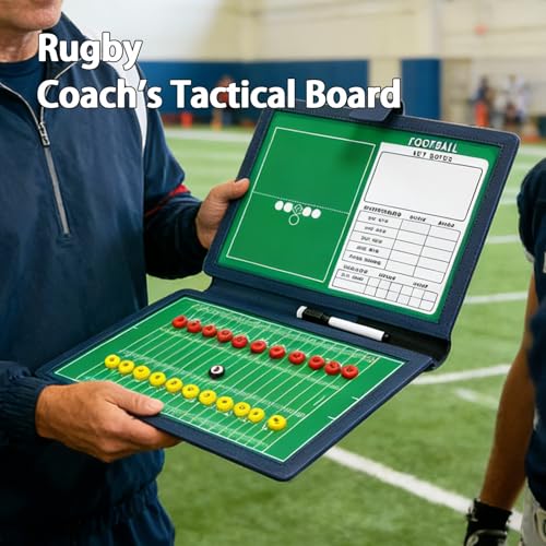 JIANNA Rugby Dry Erase Coaching Board 12.6" x 9.45", Foldable PU Leather Tactical Clipboard with Magnetic Position Markers, Full Kit with 2 Erasable Pens and Scoreboard Note Area