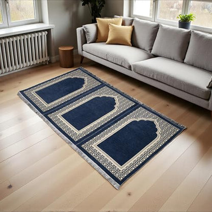 Muslim Thin Chenille Islamic Prayer Mat - Selcuk Star 3 Person (Navy Blue) - color: Navy Blue
