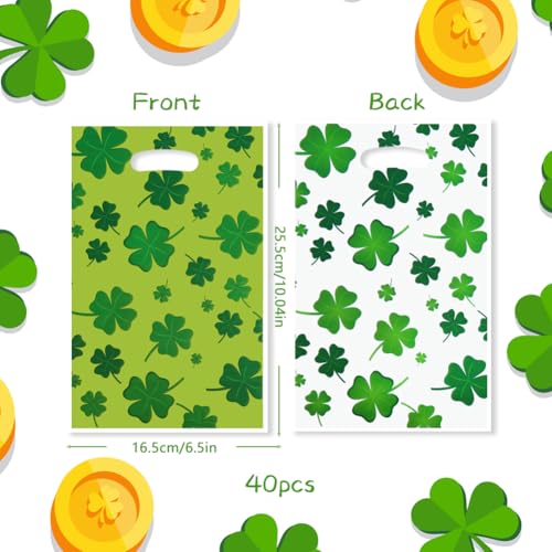 40pcs St. Patrick's Day Four-leaf Clover Gift Bags with Die Cut Handle, Green and White Double-side Color Print Lucky Cellophane Plastic Candy Cookie Treat Goodies Bag Saint Patricks Day Party Favor