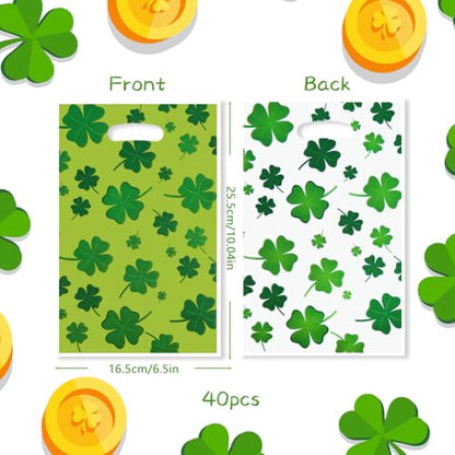 40pcs St. Patrick's Day Four-leaf Clover Gift Bags with Die Cut Handle, Green and White Double-side Color Print Lucky Cellophane Plastic Candy Cookie Treat Goodies Bag Saint Patricks Day Party Favor