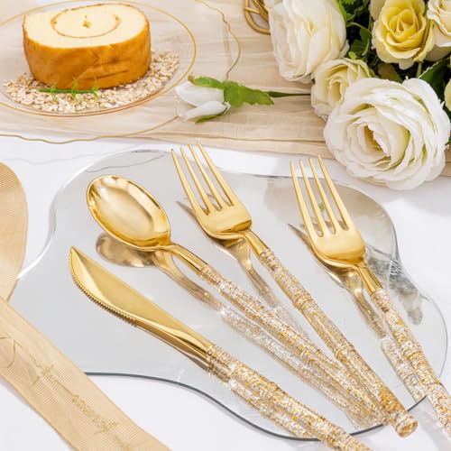 Liacere 150PCS Clear Gold Plastic Plates - Disposable Plastic Silverware with Glitter Bamboo Handle Cutlery-Baroque Clear Gold Disposable Plates for Wedding & Party & Mother's Day - color: Gold, size: Baroque Style
