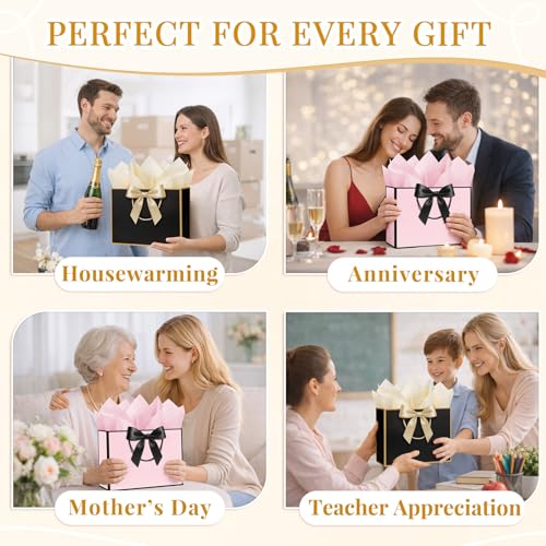 ANZNKU 2PCS Black & Pink Gift Bags Medium Wrapping Supplies, Gift Bags with Handles 4 Tissue Paper 2 Ribbon 2 Cards for Women Birthday Wedding Graduation Engagement Bridal Shower Present Party Favor - color: Black+Pink