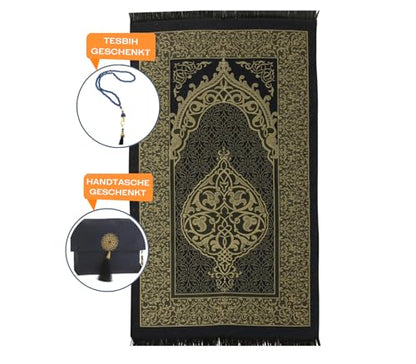 Prien Muslim Prayer Rug with Tasbih and Portable Bag, Muslim Gift for Women Men, Mubarak Islamic Box, Soft Mat Islam Gifts Set, Turkish Sajadah for Ramadan, Eid, Hajj, Travel, Pray (Navy Blue) - color: Navy Blue