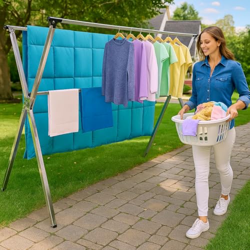 Clothes Drying Rack Folding Indoor Outdoor, Foldable Portable Laundry Drying Rack, Heavy Duty Laundry Hanger Dryer Rack with 20 Hooks - size: 65.55 inches