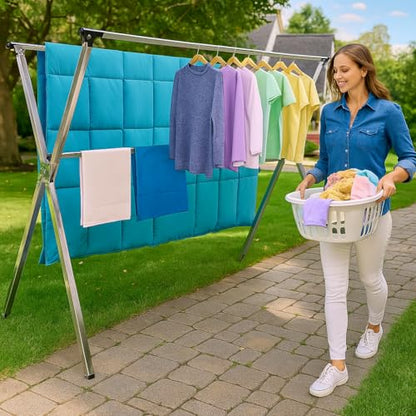 Clothes Drying Rack Folding Indoor Outdoor, Foldable Portable Laundry Drying Rack, Heavy Duty Laundry Hanger Dryer Rack with 20 Hooks - size: 65.55 inches