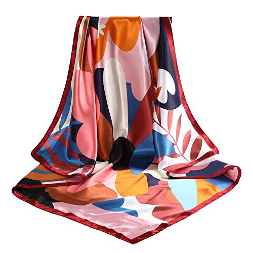 AWAYTR 35” Large Satin Square Head Scarf - 2Pcs Silk Like Floral Head Scarves Square Satin Hair Scarf Bandanas for Women - color: Flower(red/Yellow)