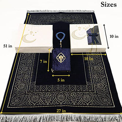 IEF Personalized Prayer Rug Quran Prayer Beads Islamic Gift Set, Ramadan Eid Wedding Birthday Mother's Day Father's Day Anniversary Day Gifts - color: Navy Blue with Bag