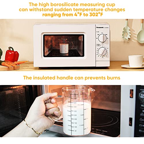 High Borosilicate Glass Measuring Cup with Handle, [Double-Sided Measuring Scale, V-Shaped Spout, Insulated handle], Glass Measuring Cup with Three Scales (OZ, Cup, ML) for Liquid (500 ML) - size: 2 Cup (500 ml)