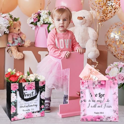 Riakrum 16 Pcs Religious Gift Bags Bulk for Women, Non Woven Christian Gift Bag with Handle, Reusable Flower Religious Baptism Bible Verse Tote for Eid Easter Catholic Theme Party Favors