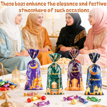 LERCTH 50 PCS Ramadan Eid Mubarak Gift Bags with Gold Twist Ties - 4.9x10.7 Inch Metallic Foil Treat Bags, Moon Star Design Party Favor Bags for Islamic Holiday Celebrations - color: Ramadan Bags 50 pack