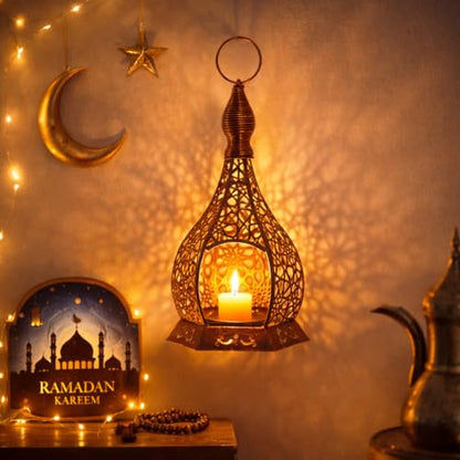 Ramadan Lantern Candle Holder for Home Decor, 9 Inch Hanging Metal Moroccan Lantern with Cutout Pattern, Ramadan Decorations for Home Tabletop Mantel, Eid Mubarak Ramadan Decor