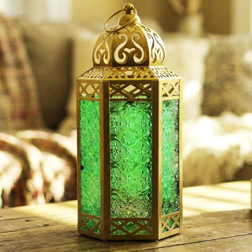 Vela Lanterns 12" Metal Moroccan Decorative Candle Lantern Holders for Hanging or Table, Indoor Home Decor, Outdoor Patio or Porch, Weddings, Gold, Green Glass, Large - color: Gold/Green, size: Large
