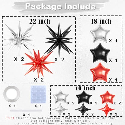 21 Pcs Silver Star Balloons,22/18/10 Inch Star Foil Mylar Balloon - color: Silver Black Red