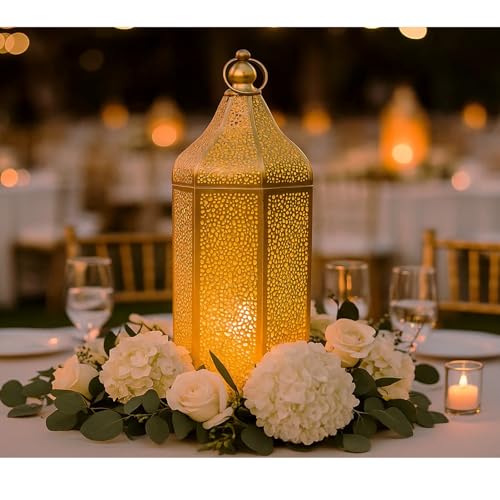 VELA LANTERNS 16" Champagne Gold Moroccan Decorative Candle Lantern – Metal Hexagon Lantern for Table or Hanging, Ramadan Turkish Islamic Decor, Wedding Centerpiece, Indoor Home Patio Lighting