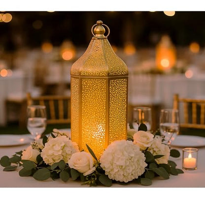 VELA LANTERNS 16" Champagne Gold Moroccan Decorative Candle Lantern – Metal Hexagon Lantern for Table or Hanging, Ramadan Turkish Islamic Decor, Wedding Centerpiece, Indoor Home Patio Lighting